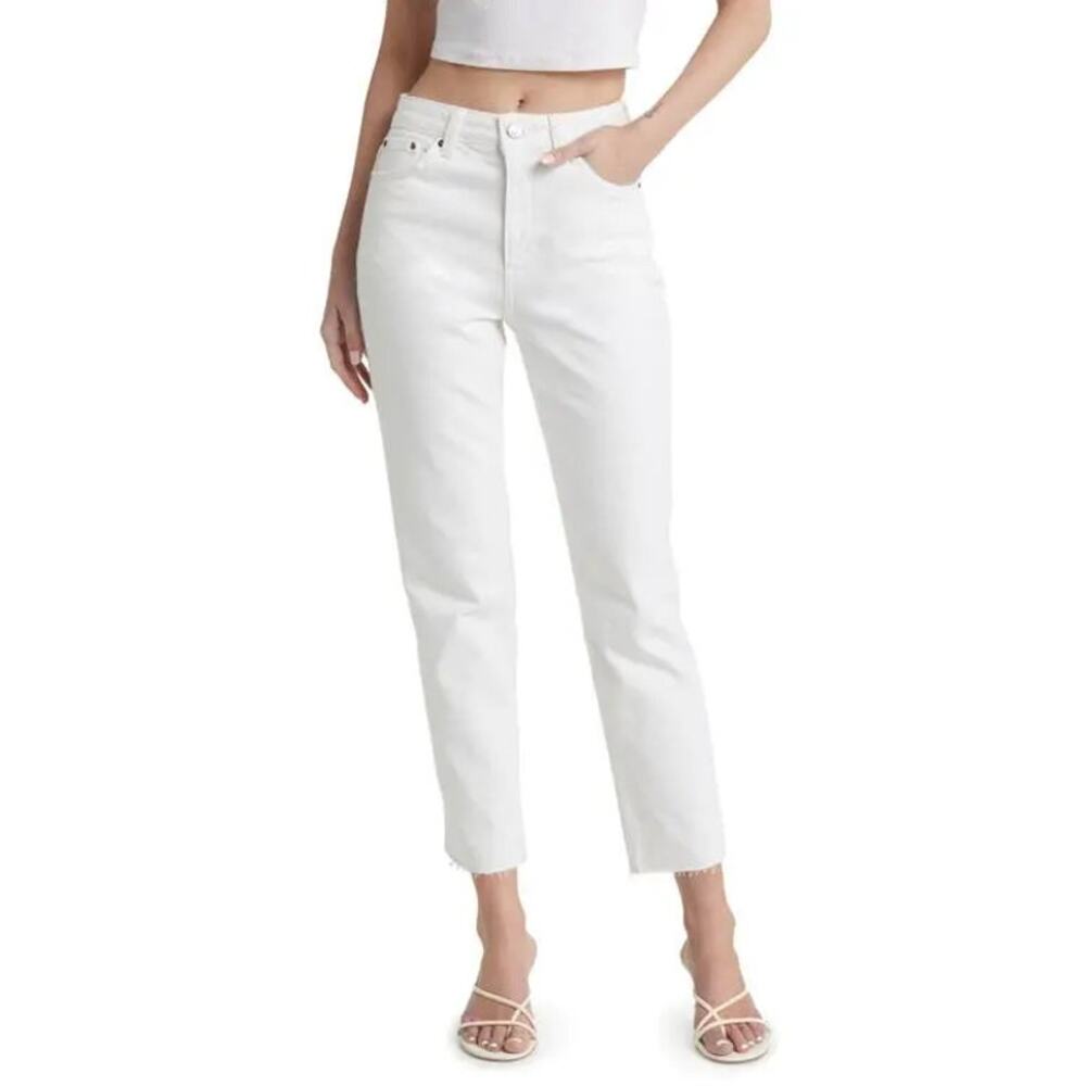 Topshop Straight Leg White Jeans, Raw Frayed Hem, Gold Rivets, Sz 8, NWT